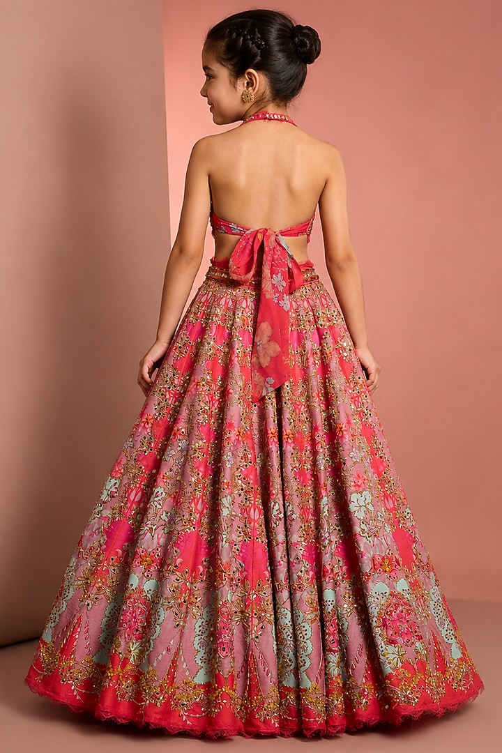 Pink Silk Floral Printed & Embroidered Lehenga Set For Girls by Neha Khullar Kids at Pernia's Pop Up Shop