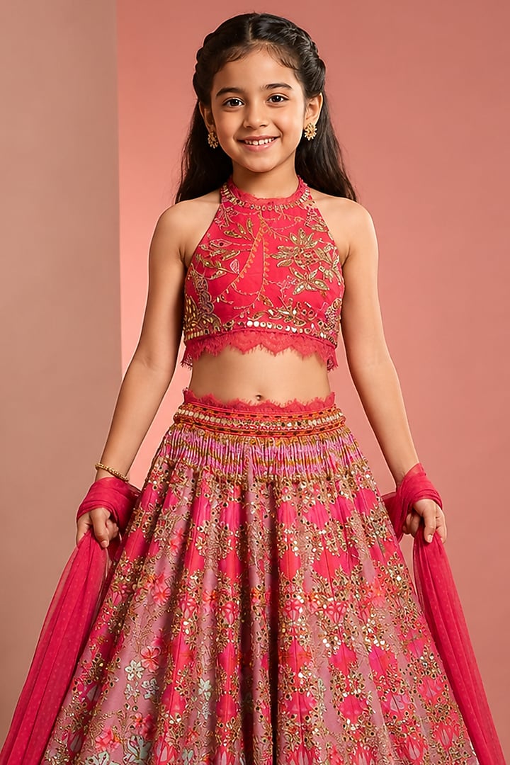 Pink Silk Floral Printed & Embroidered Lehenga Set For Girls by Neha Khullar Kids at Pernia's Pop Up Shop