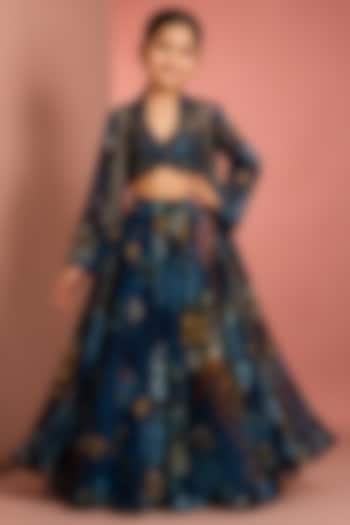 Blue Viscose Organza Floral Printed & Hand Embroidered Sharara Set For Girls by Neha Khullar Kids at Pernia's Pop Up Shop