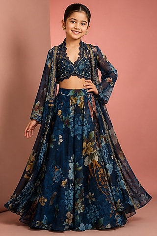 Blue Viscose Organza Floral Printed & Hand Embroidered Sharara Set For Girls by Neha Khullar Kids