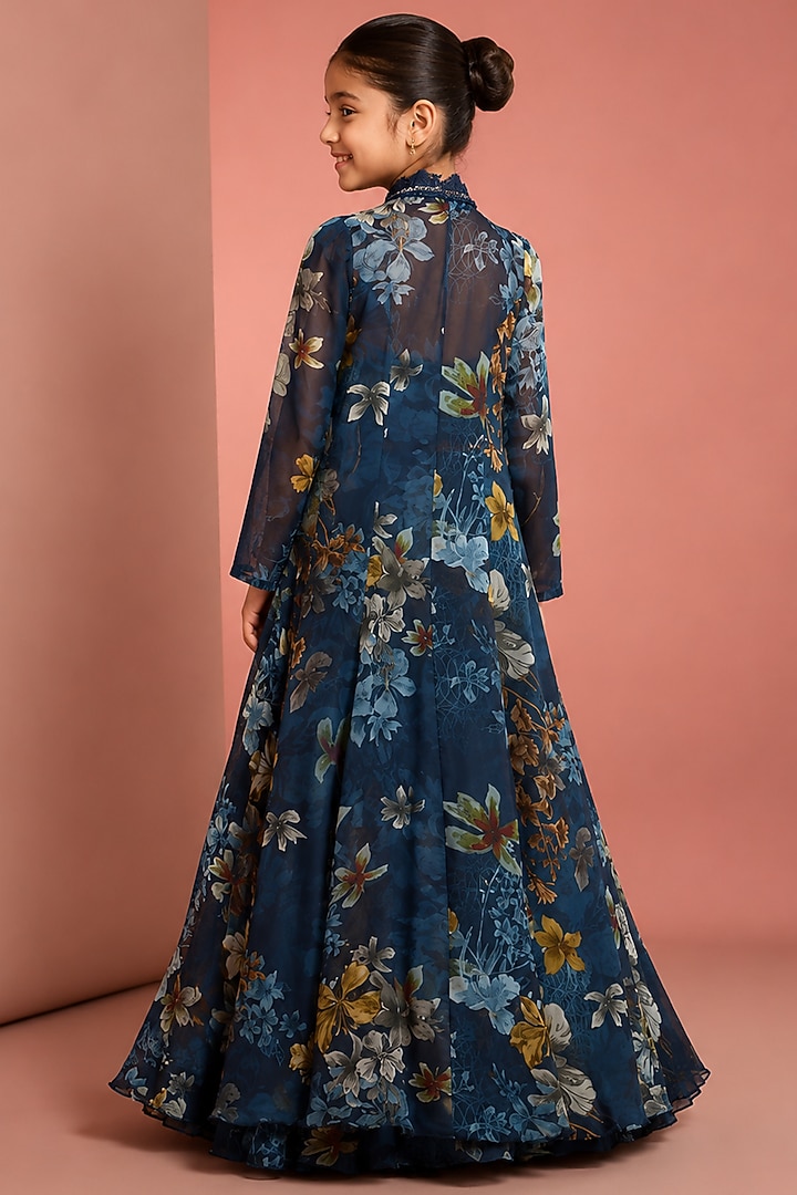 Blue Viscose Organza Floral Printed & Hand Embroidered Sharara Set For Girls by Neha Khullar Kids at Pernia's Pop Up Shop