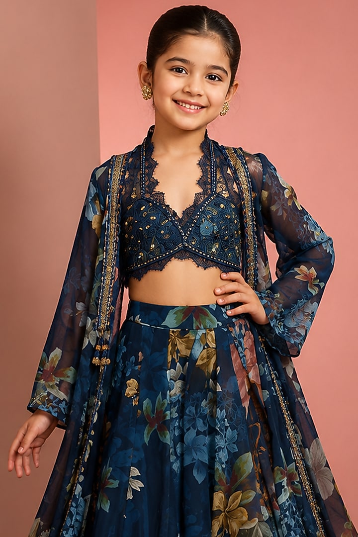 Blue Viscose Organza Floral Printed & Hand Embroidered Sharara Set For Girls by Neha Khullar Kids at Pernia's Pop Up Shop
