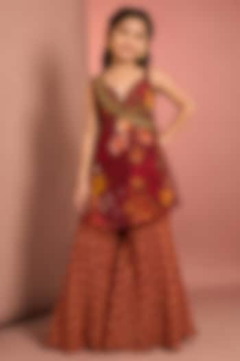 Red Viscose Floral Printed & Embroidered Sharara Set For Girls by Neha Khullar Kids at Pernia's Pop Up Shop