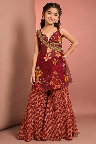 Red Viscose Floral Printed & Embroidered Sharara Set For Girls by Neha Khullar Kids