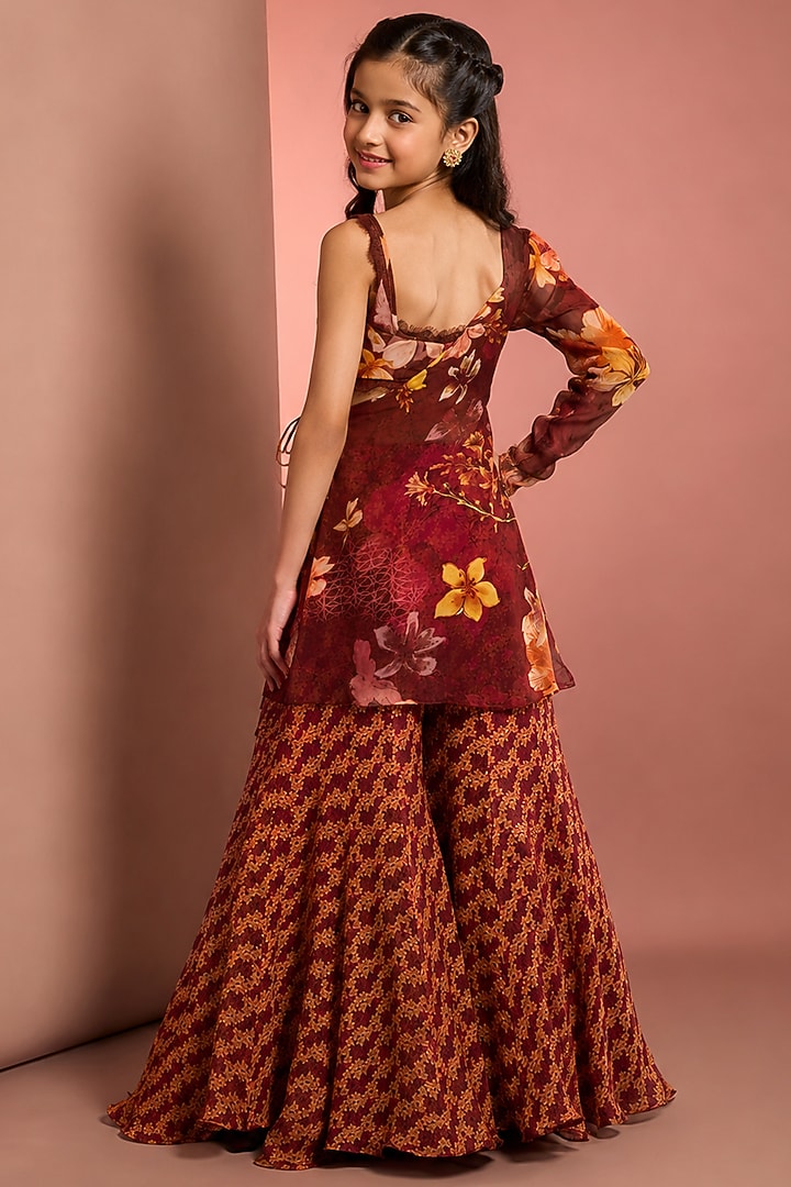 Red Viscose Floral Printed & Embroidered Sharara Set For Girls by Neha Khullar Kids at Pernia's Pop Up Shop