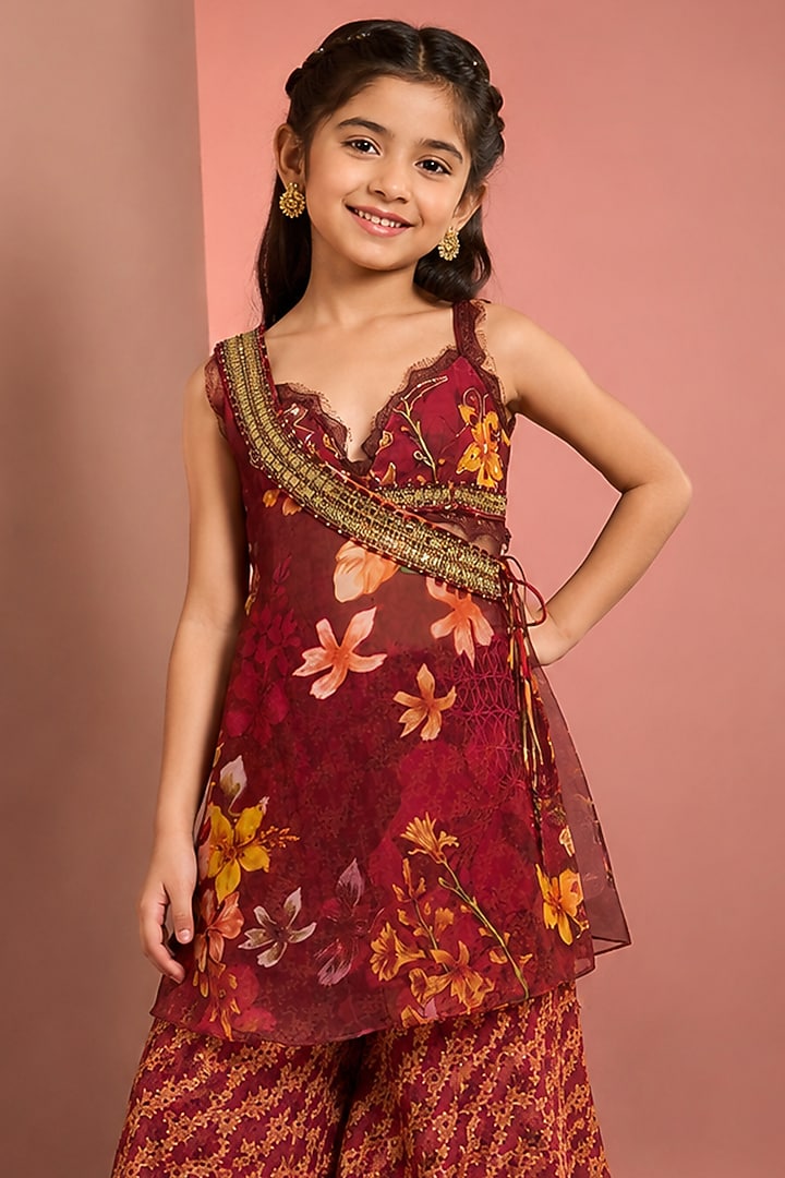 Red Viscose Floral Printed & Embroidered Sharara Set For Girls by Neha Khullar Kids at Pernia's Pop Up Shop