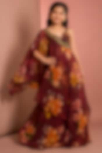 Red Viscose Floral Printed & Mirror Embellished Sharara Set For Girls by Neha Khullar Kids at Pernia's Pop Up Shop