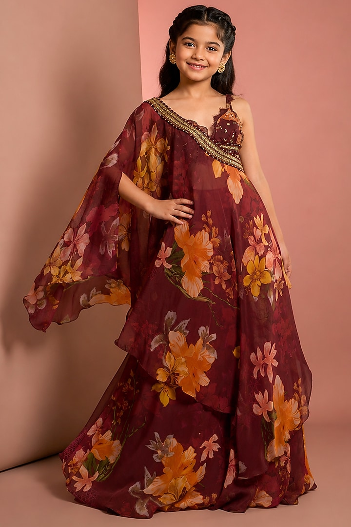 Red Viscose Floral Printed & Mirror Embellished Sharara Set For Girls by Neha Khullar Kids at Pernia's Pop Up Shop
