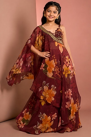 Red Viscose Floral Printed & Mirror Embellished Sharara Set For Girls by Neha Khullar Kids