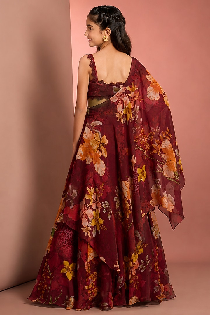 Red Viscose Floral Printed & Mirror Embellished Sharara Set For Girls by Neha Khullar Kids at Pernia's Pop Up Shop