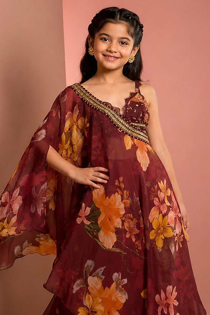Red Viscose Floral Printed & Mirror Embellished Sharara Set For Girls by Neha Khullar Kids at Pernia's Pop Up Shop