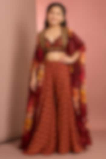 Red Viscose Floral Printed & Hand Embroidered Sharara Set For Girls by Neha Khullar Kids at Pernia's Pop Up Shop