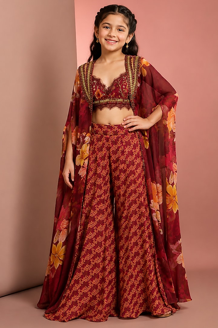 Red Viscose Floral Printed & Hand Embroidered Sharara Set For Girls by Neha Khullar Kids at Pernia's Pop Up Shop