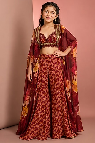 Red Viscose Floral Printed & Hand Embroidered Sharara Set For Girls by Neha Khullar Kids