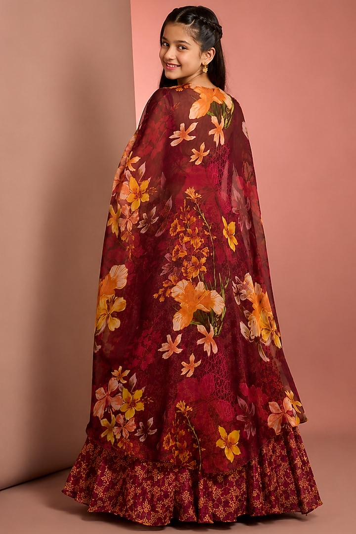 Red Viscose Floral Printed & Hand Embroidered Sharara Set For Girls by Neha Khullar Kids at Pernia's Pop Up Shop