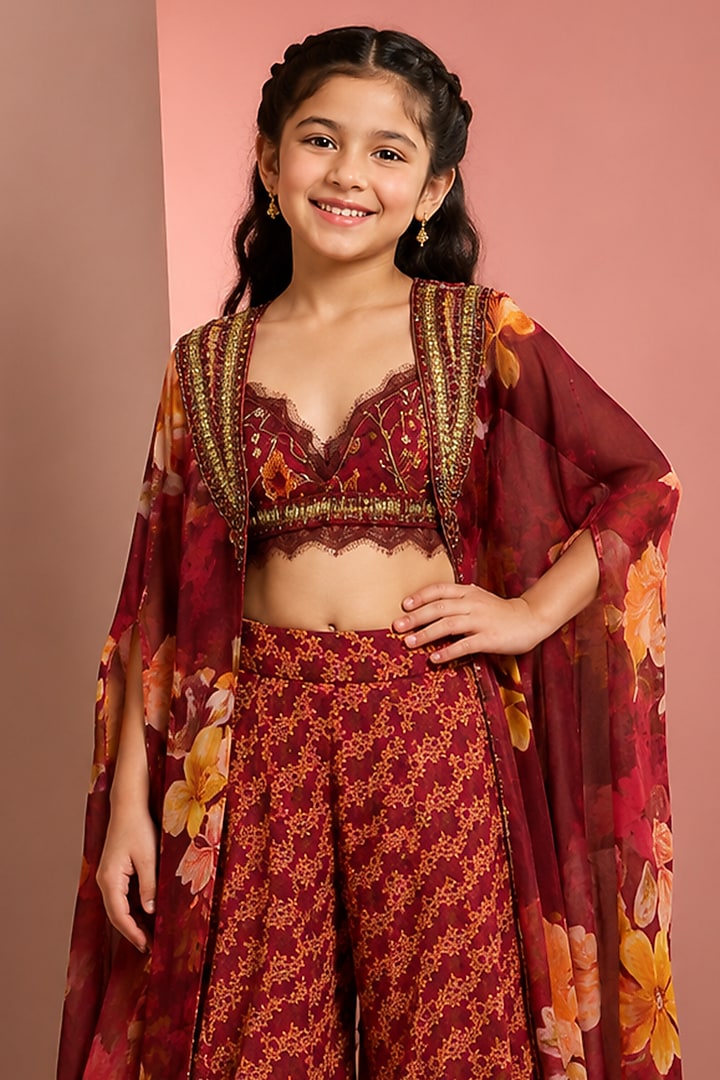 Red Viscose Floral Printed & Hand Embroidered Sharara Set For Girls by Neha Khullar Kids at Pernia's Pop Up Shop