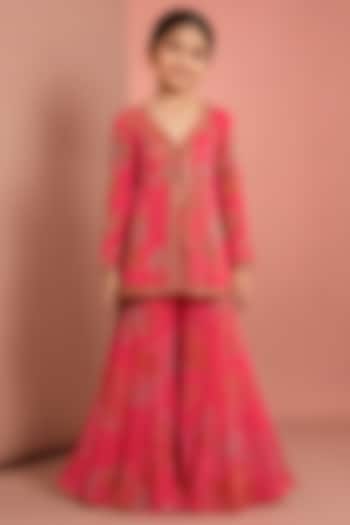Pink Viscose Organza Mirror Embroidered & Floral Printed Sharara Set For Girls by Neha Khullar Kids at Pernia's Pop Up Shop