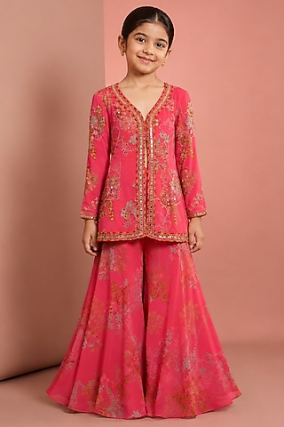 Pink Viscose Organza Mirror Embroidered & Floral Printed Sharara Set For Girls by Neha Khullar Kids