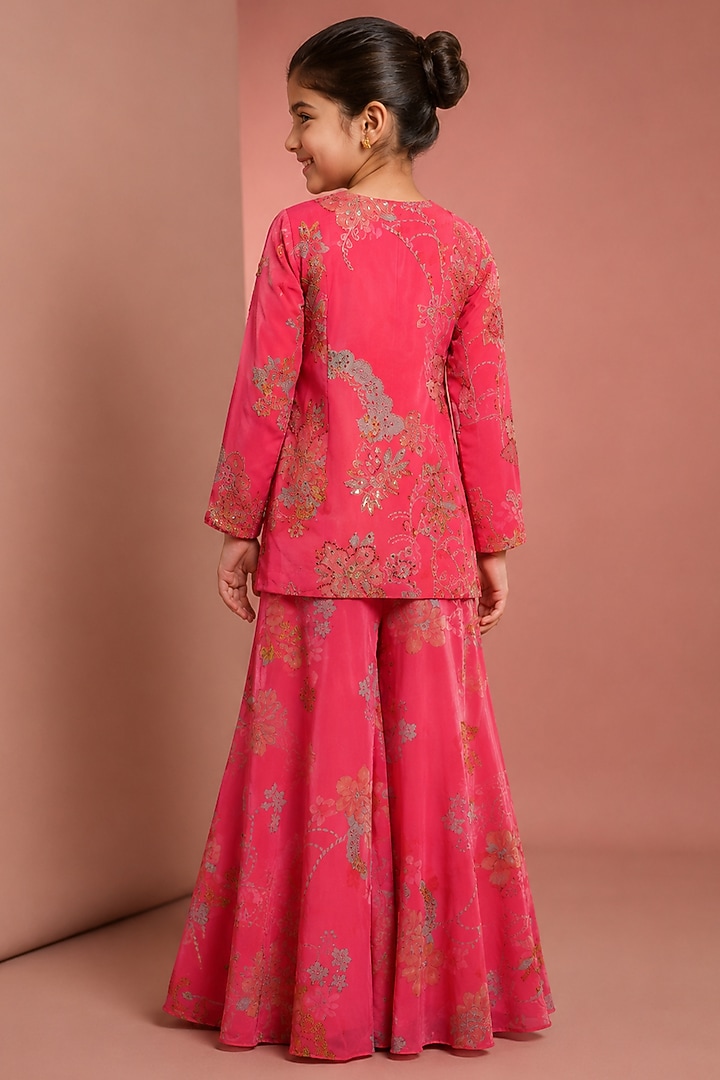 Pink Viscose Organza Mirror Embroidered & Floral Printed Sharara Set For Girls by Neha Khullar Kids at Pernia's Pop Up Shop