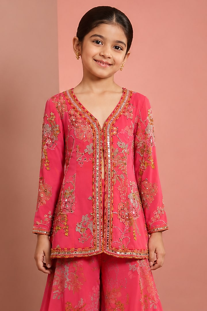 Pink Viscose Organza Mirror Embroidered & Floral Printed Sharara Set For Girls by Neha Khullar Kids at Pernia's Pop Up Shop
