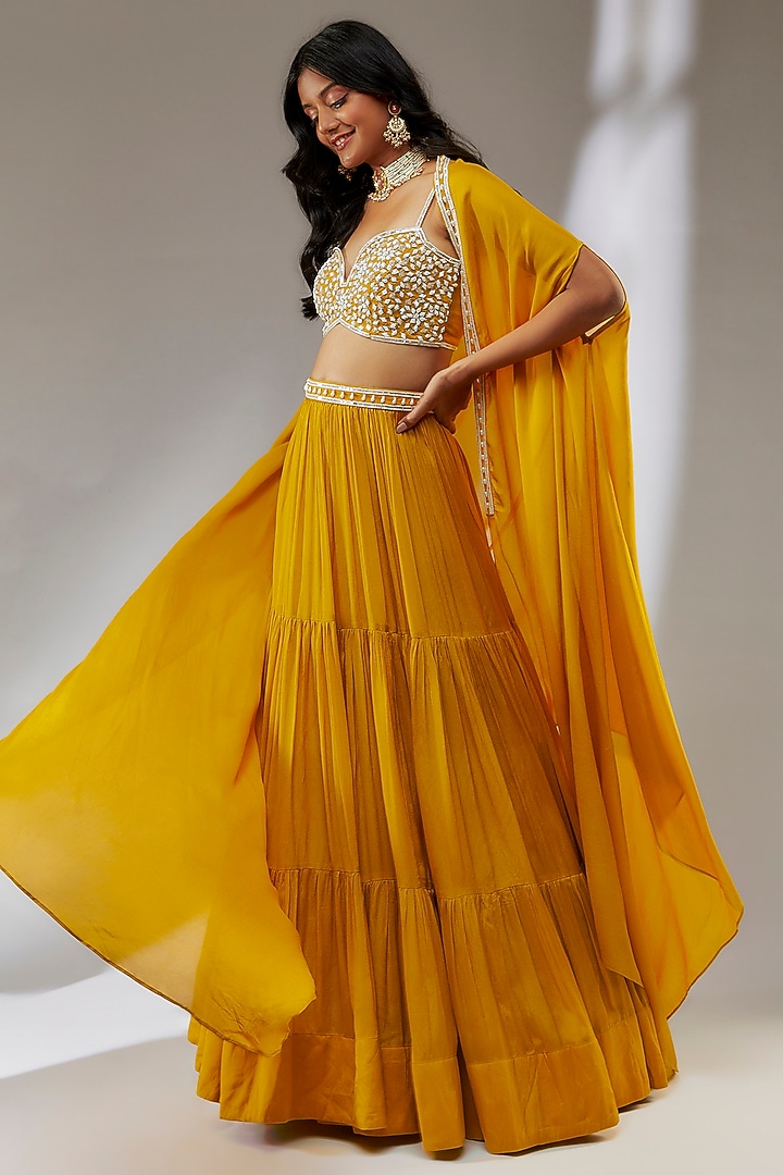 Yellow Chiffon Wedding Lehenga Set by Neha Khullar at Pernia's Pop Up Shop