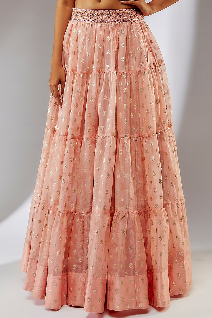 Peach Banarasi Organza Embroidered Wedding Lehenga Set by Neha Khullar at Pernia's Pop Up Shop