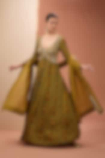 Mustard Viscose Chinon Digital Printed & Sitara Embroidered Party Wear Anarkali Set by Neha khullar at Pernia's Pop Up Shop