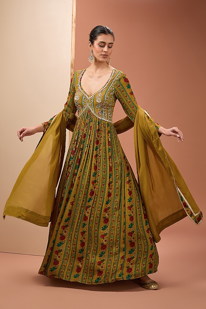 Mustard Viscose Chinon Digital Printed & Sitara Embroidered Party Wear Anarkali Set by Neha khullar at Pernia's Pop Up Shop