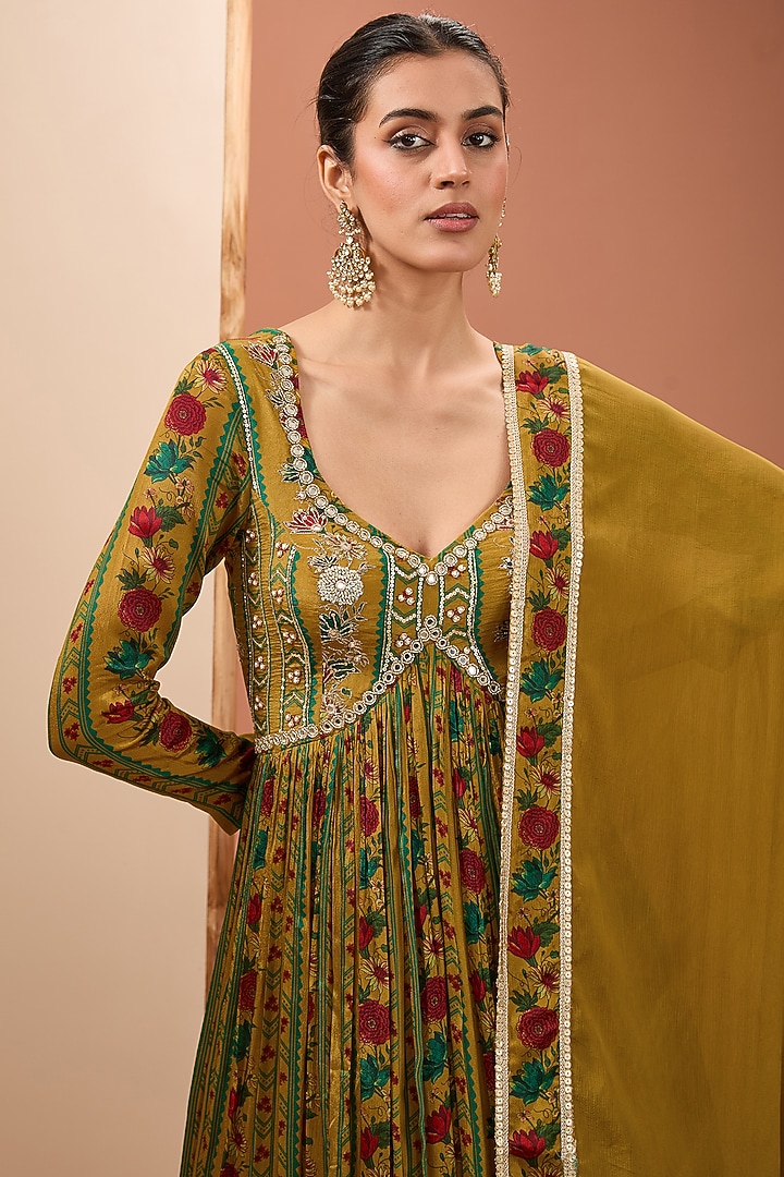 Mustard Viscose Chinon Digital Printed & Sitara Embroidered Party Wear Anarkali Set by Neha khullar at Pernia's Pop Up Shop
