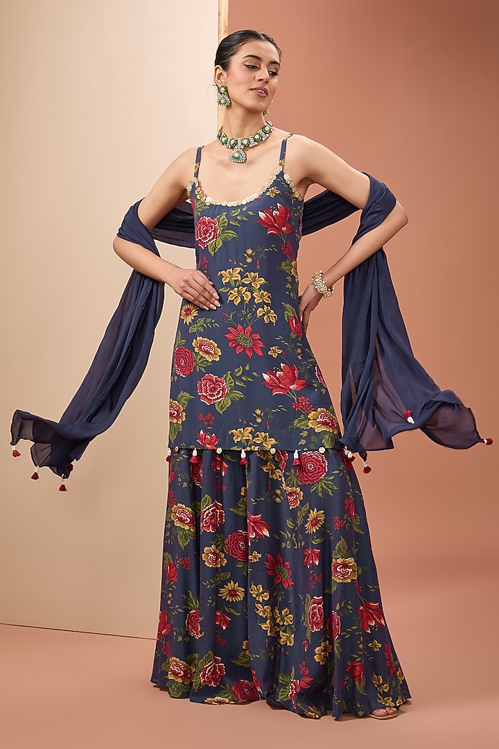 Blue Viscose Cotton Silk & Chinon Digital Printed Party Wear Sharara Set by Neha khullar at Pernia's Pop Up Shop