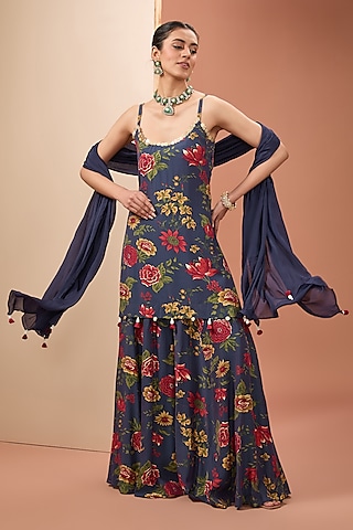 Blue Viscose Cotton Silk & Chinon Digital Printed Sharara Set by Neha khullar