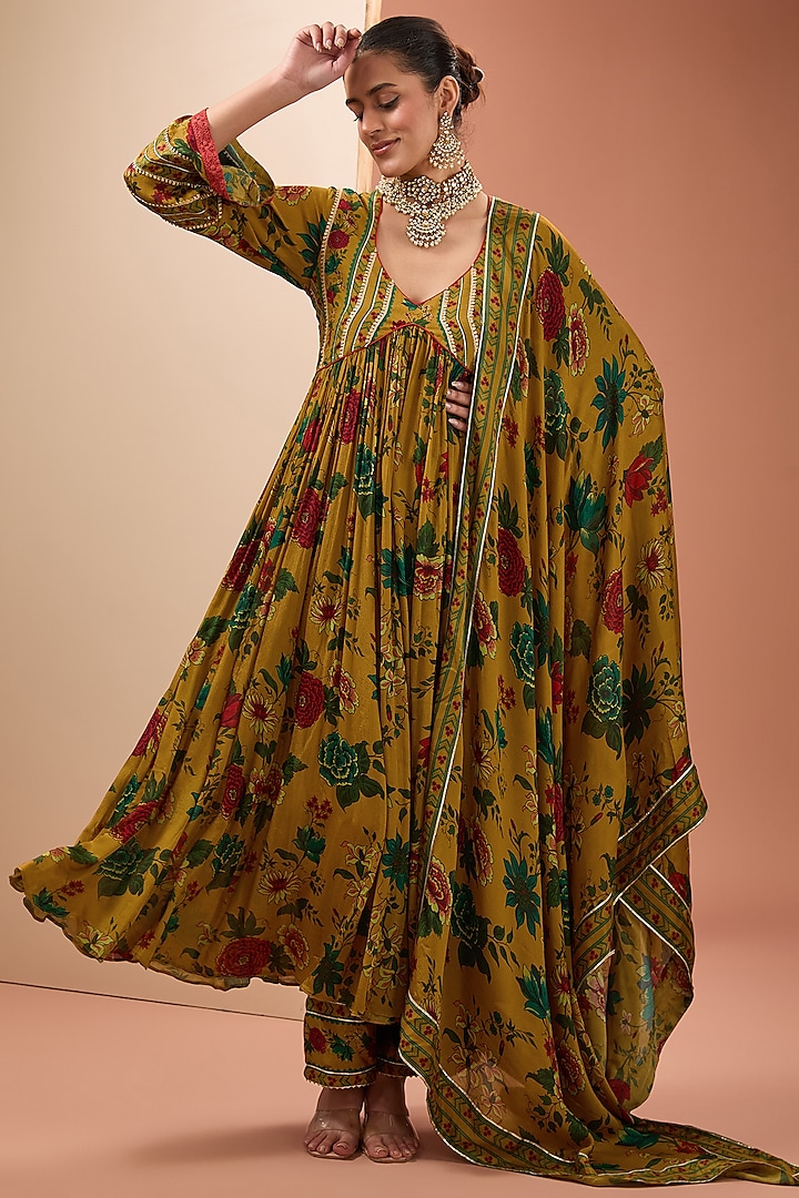 Mustard Viscose Chinon Digital Printed Party Wear Anarkali Set by Neha khullar at Pernia's Pop Up Shop