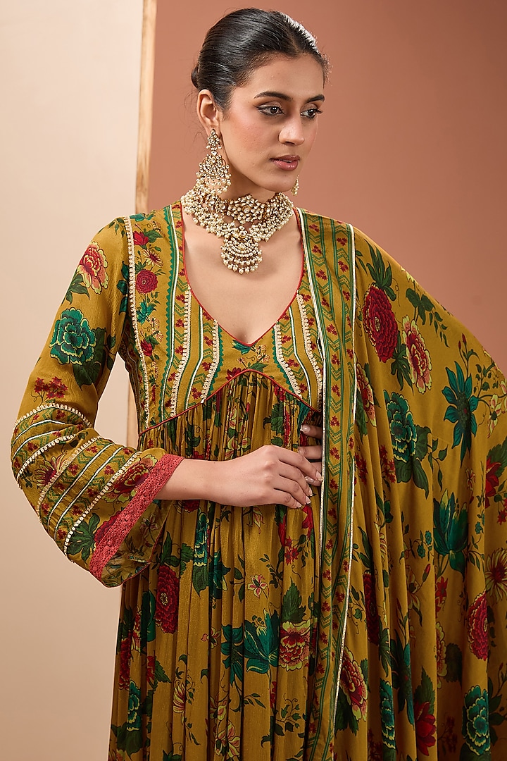 Mustard Viscose Chinon Digital Printed Party Wear Anarkali Set by Neha khullar at Pernia's Pop Up Shop
