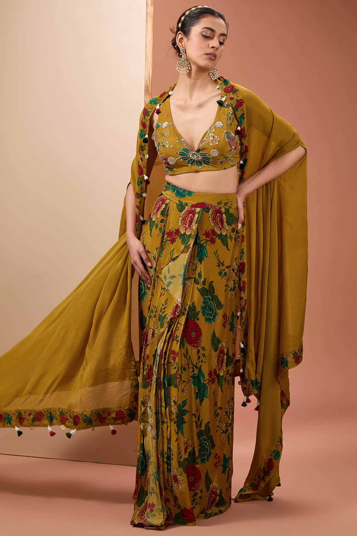 Mustard Viscose Chinon Digital Printed Cape Set by Neha khullar at Pernia's Pop Up Shop