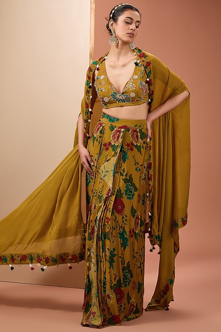 Mustard Viscose Chinon Digital Printed Cape Set by Neha khullar at Pernia's Pop Up Shop