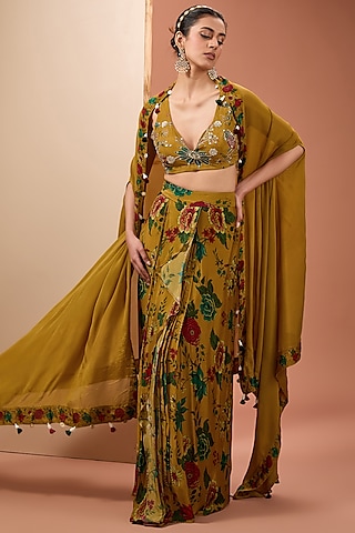Mustard Viscose Chinon Digital Printed Cape Set by Neha khullar