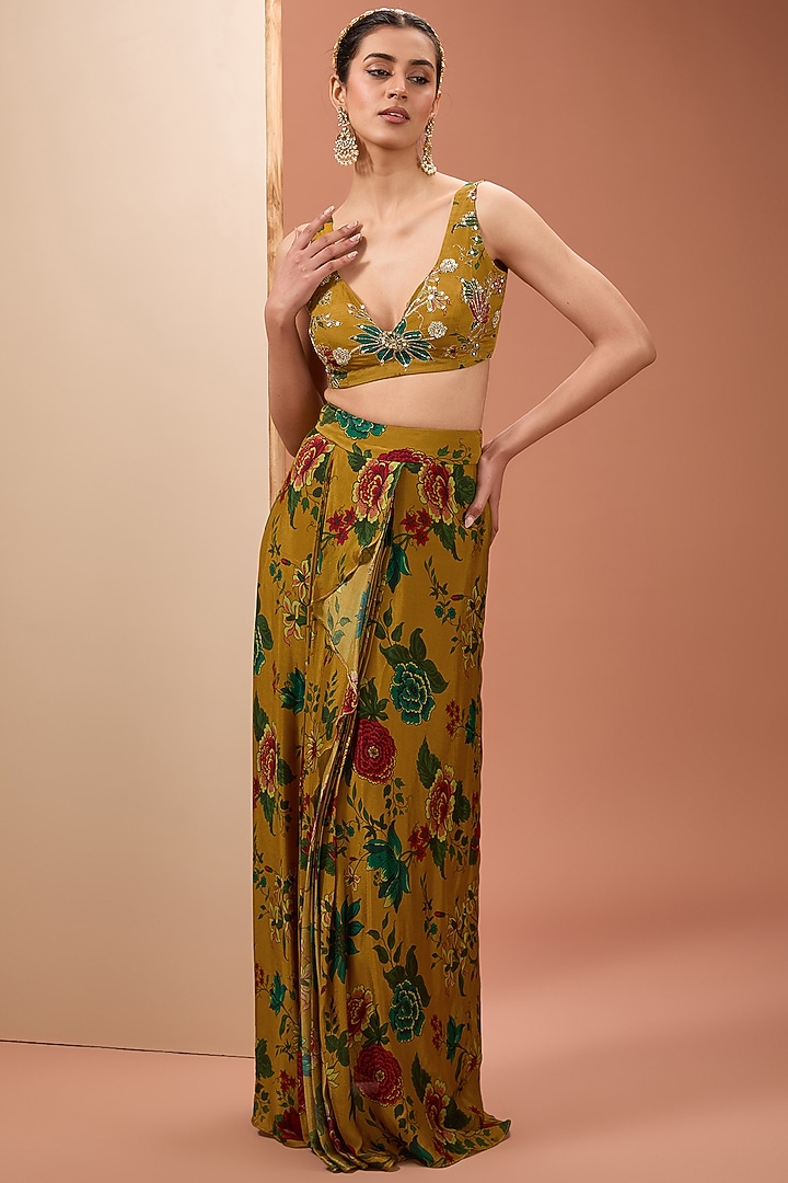Mustard Viscose Chinon Digital Printed Cape Set by Neha khullar at Pernia's Pop Up Shop