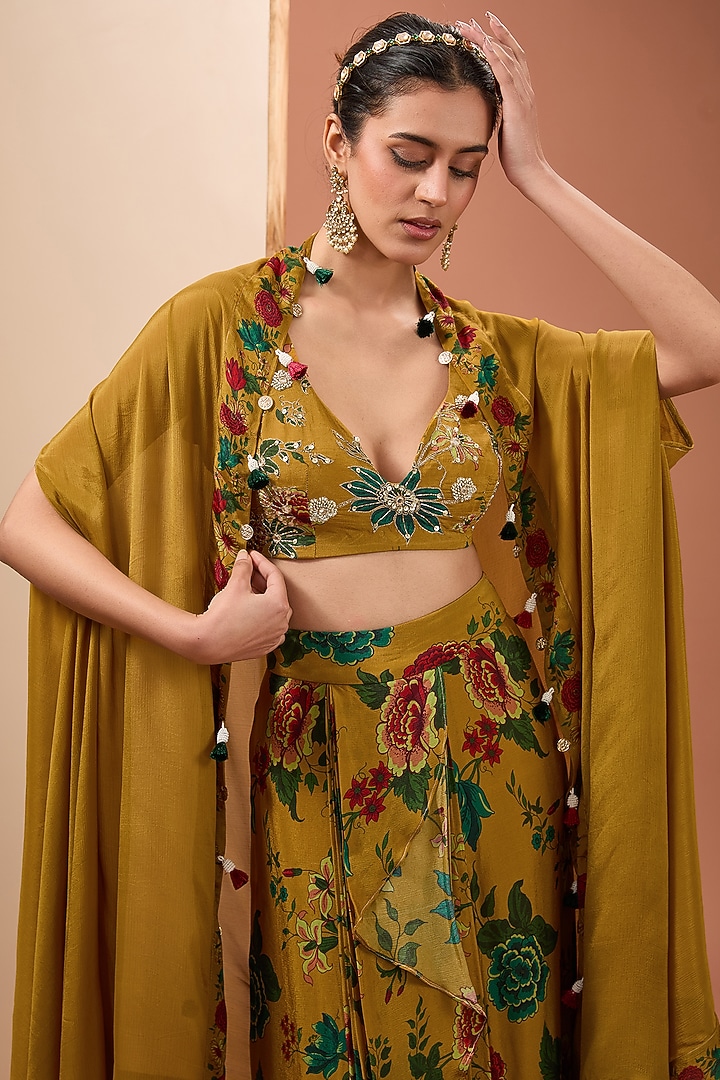 Mustard Viscose Chinon Digital Printed Cape Set by Neha khullar at Pernia's Pop Up Shop
