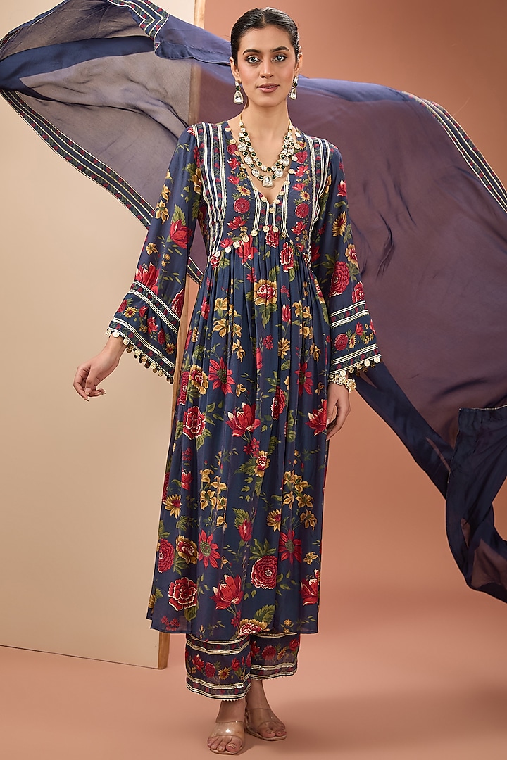 Blue Viscose Cotton Silk & Chinon Digital Printed Kurta Set by Neha khullar at Pernia's Pop Up Shop