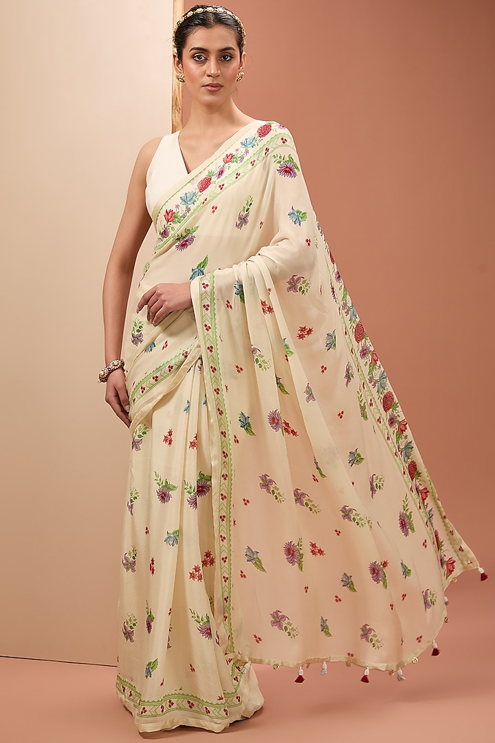 Ivory Viscose Cotton & Silk Chinon Digital Printed Saree Set
 by Neha khullar at Pernia's Pop Up Shop