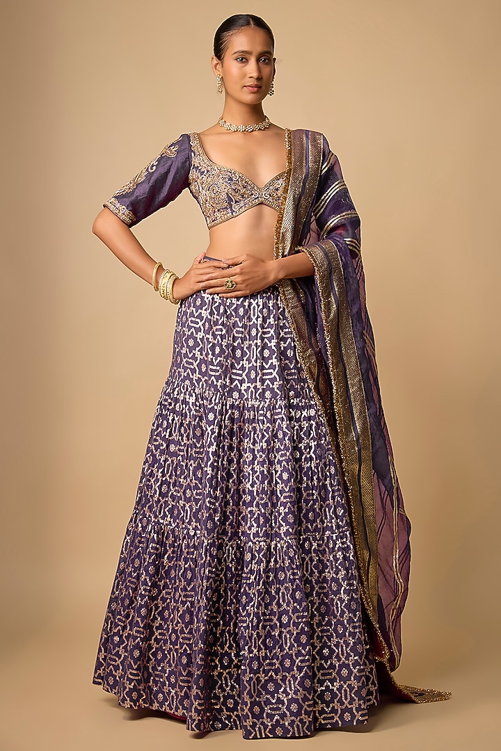 Purple Banarasi Chanderi Hand Embroidered Wedding Lehenga Set by Neha khullar at Pernia's Pop Up Shop