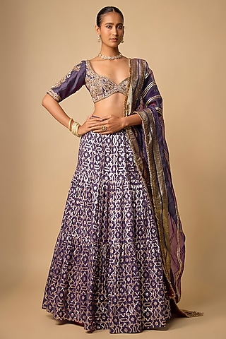 Purple Banarasi Chanderi Hand Embroidered Lehenga Set by Neha khullar