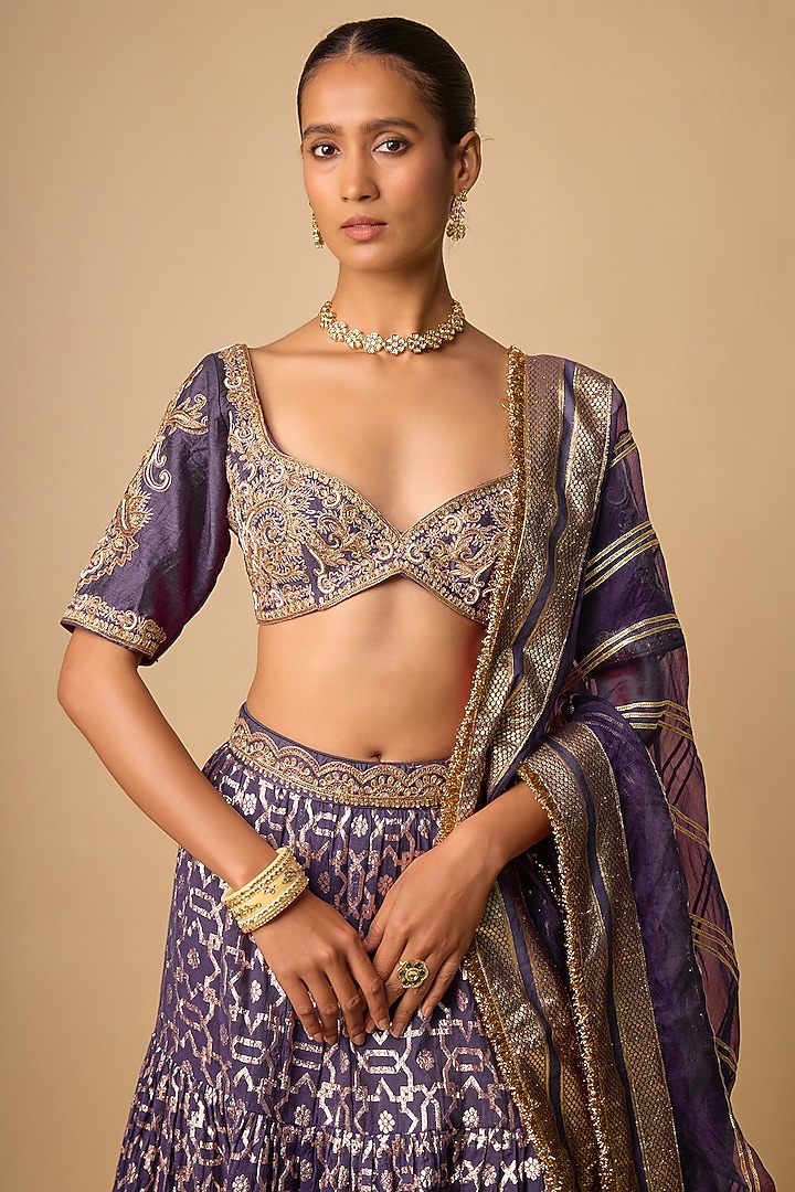Purple Banarasi Chanderi Hand Embroidered Wedding Lehenga Set by Neha khullar at Pernia's Pop Up Shop
