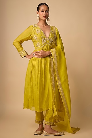 Yellow Chanderi Silk Hand Embroidered Anarkali Set by Neha khullar