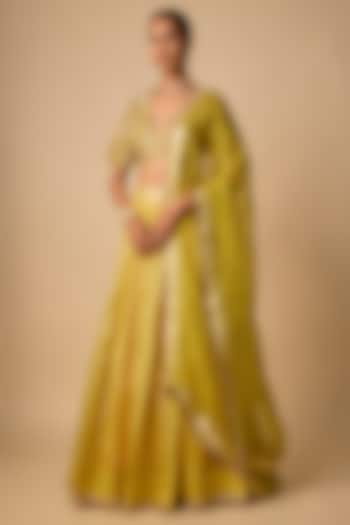 Yellow Banarasi Chanderi Hand Embroidered Wedding Lehenga Set by Neha khullar at Pernia's Pop Up Shop