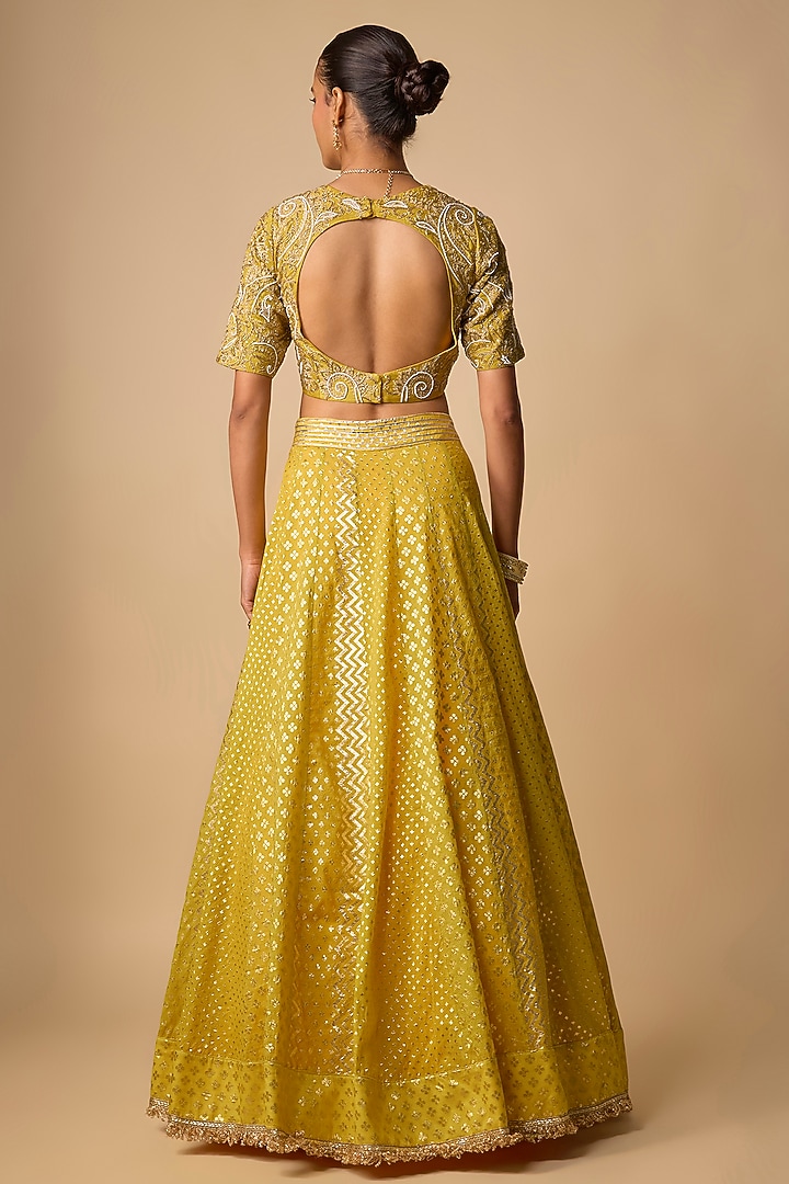 Yellow Banarasi Chanderi Hand Embroidered Wedding Lehenga Set by Neha khullar at Pernia's Pop Up Shop