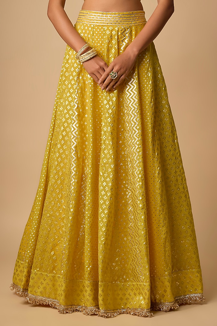 Yellow Banarasi Chanderi Hand Embroidered Wedding Lehenga Set by Neha khullar at Pernia's Pop Up Shop