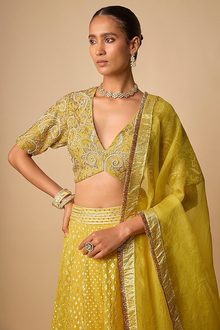 Yellow Banarasi Chanderi Hand Embroidered Wedding Lehenga Set by Neha khullar at Pernia's Pop Up Shop
