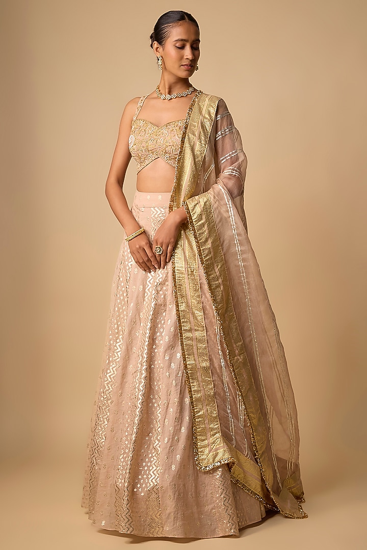 Blush Banarasi Chanderi Hand Embroidered Wedding Lehenga Set by Neha khullar at Pernia's Pop Up Shop