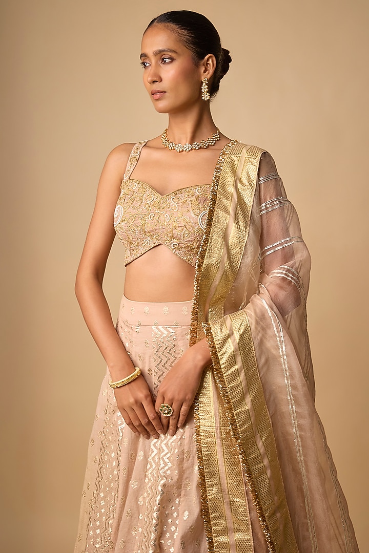 Blush Banarasi Chanderi Hand Embroidered Wedding Lehenga Set by Neha khullar at Pernia's Pop Up Shop